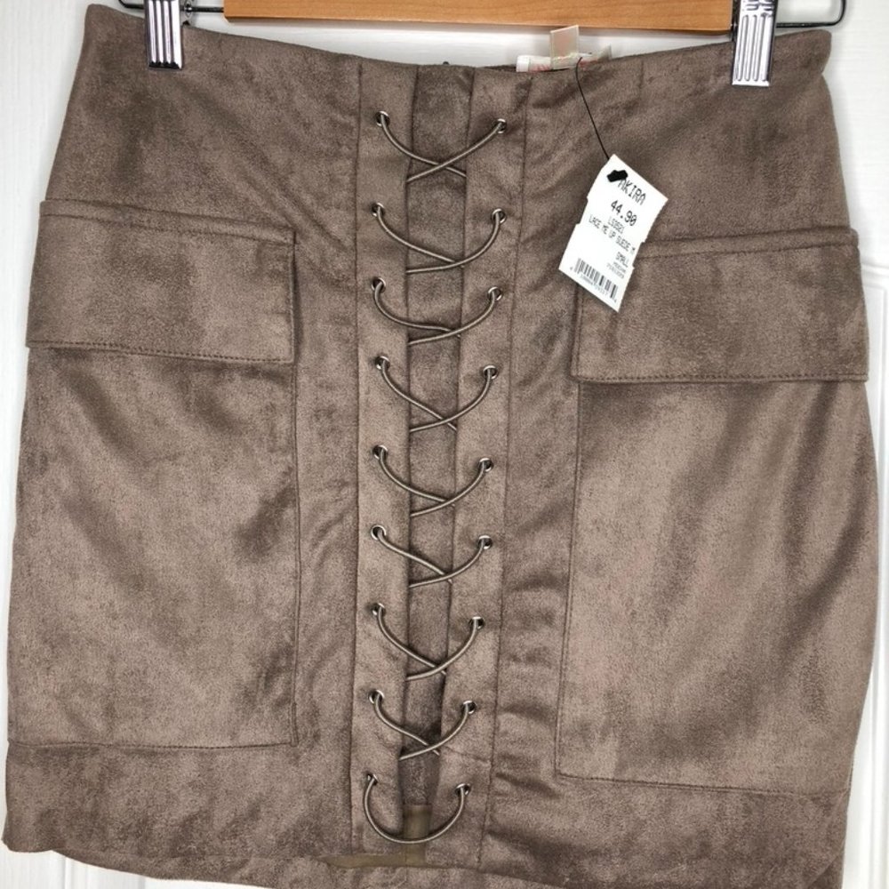 Brown Suede Mini Skirt with Corset Front Detail